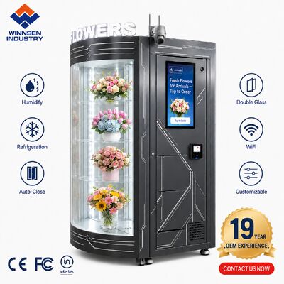Kalite Winnsen 24/7 Self-Servis Soğutmalı Taze Çiçek Otomat Kiosku 22 İnç Dokunmatik Ekranlı Buket Dağıtıcılı fabrika