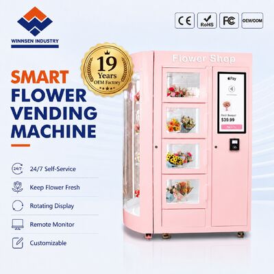 Kalite 22 inç dokunmatik ekranlı çiçek satma makinesi, temassız ödeme ve soğutma nemlendirici sistemi fabrika