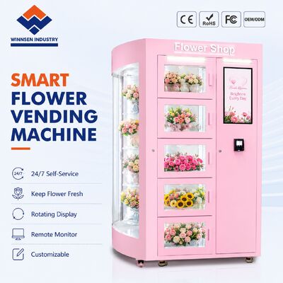 Kalite Winnsen Şeffaf Raf Çiçek Satıcı Makinesi Nemlendirme Sistemi ve 22 Inç Dokunmatik Ekran fabrika